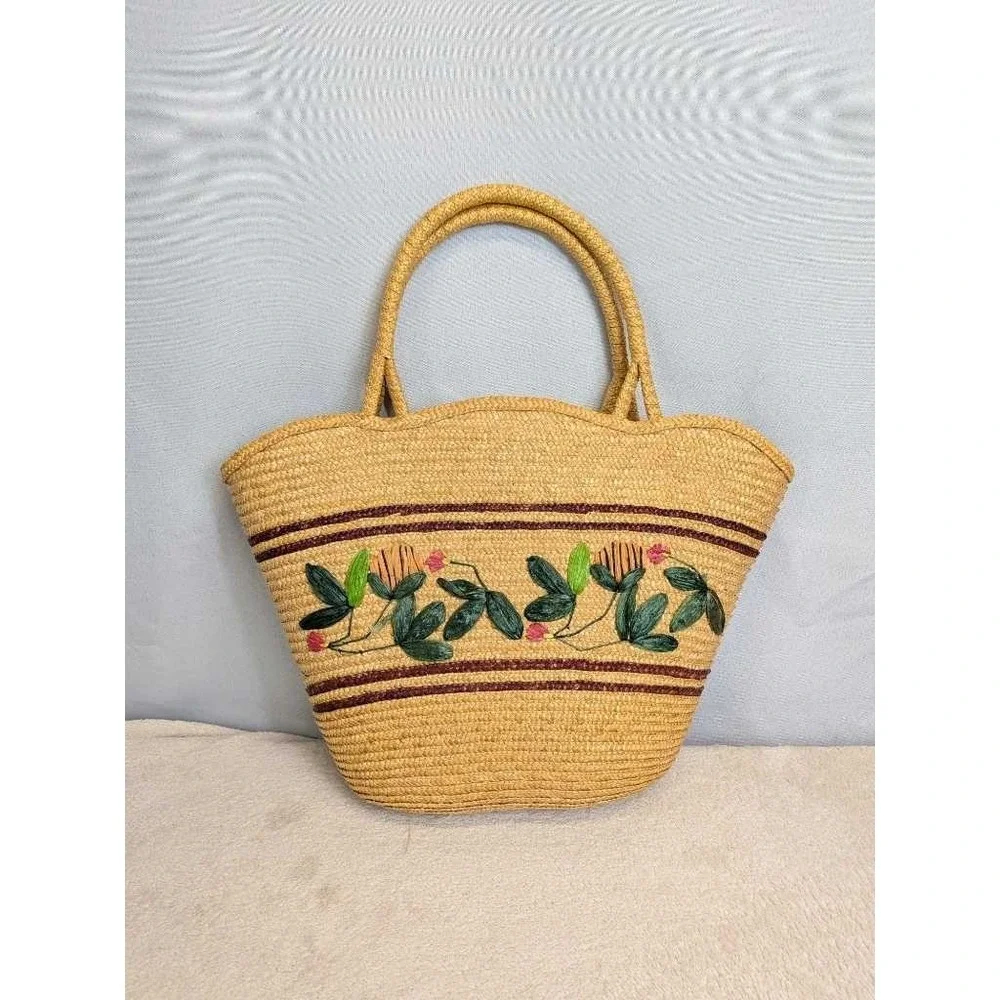 Woven Straw Tote Bag Floral Embroidery Burgundy Stripes Summer Beach Purse